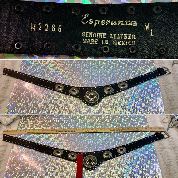 Vintage Western Studded Concho Belt Black Leather Southwestern Cowgirl Boho M/L - Picture 5 of 11